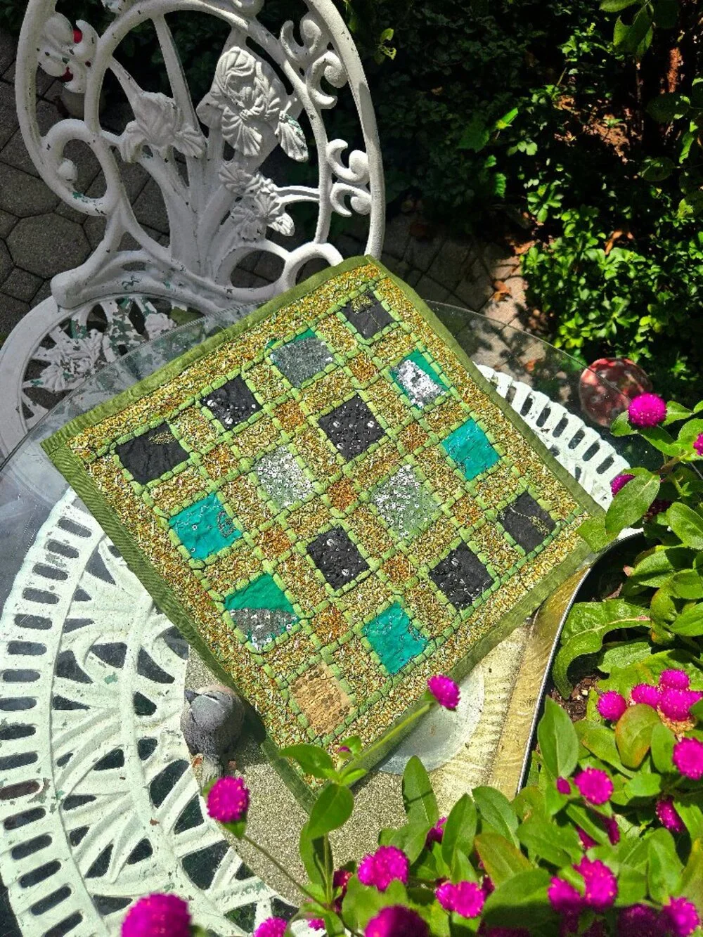 Vintage Pier 1 Imports Beaded Patchwork Placemat – Green & Gold Boho Table Decor